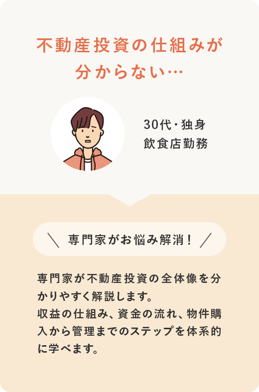 30代・独身 飲食店勤務 不動産投資の仕組みが分からない… ＼専門家がお悩み解消！／ 専門家が不動産投資の全体像を分かりやすく解説します。収益の仕組み、資金の流れ、物件購入から管理までのステップを体系的に学べます。