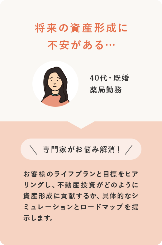 40代・既婚 薬局勤務 将来の資産形成に不安がある… ＼専門家がお悩み解消！／ お客様のライフプランと目標をヒアリングし、不動産投資がどのように資産形成に貢献するか、具体的なシミュレーションとロードマップを提示します。