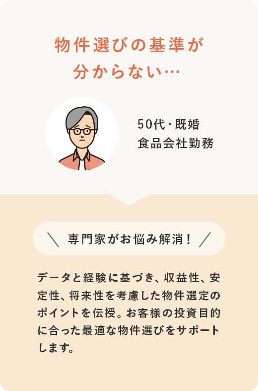 50代・既婚 食品会社勤務 物件選びの基準が分からない…  ＼専門家がお悩み解消！／ データと経験に基づき、収益性、安定性、将来性を考慮した物件選定のポイントを伝授。お客様の投資目的に合った最適な物件選びをサポートします。