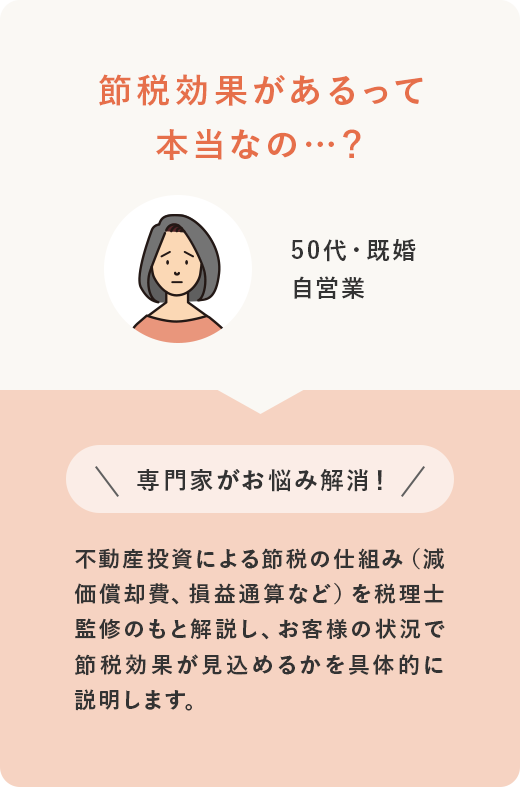 50代・既婚 自営業 節税効果があるって本当なの…？ ＼専門家がお悩み解消！／ 不動産投資による節税の仕組み（減価償却費、損益通算など）を税理士監修のもと解説し、お客様の状況で節税効果が見込めるかを具体的に説明します。